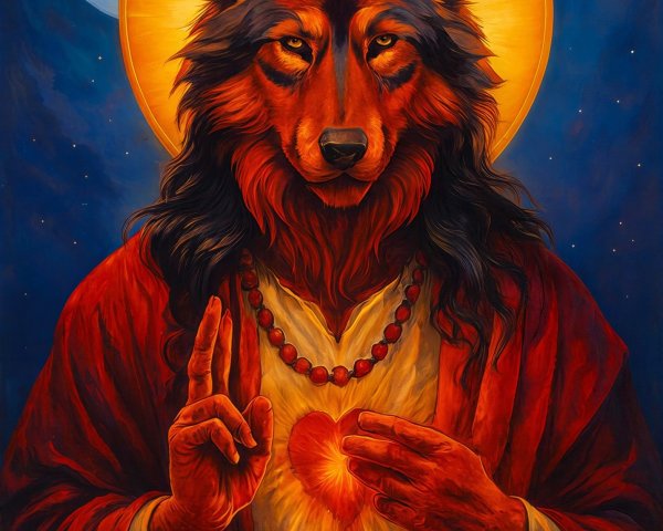 Anthropomorphic Wolf with Religious Iconography Elements
