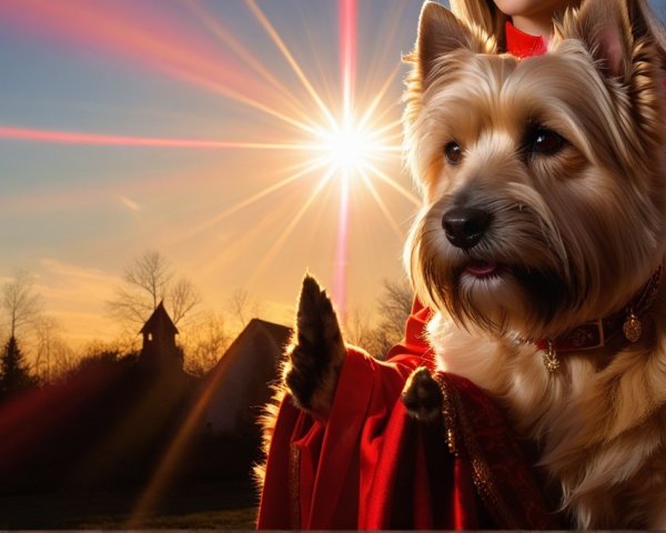 Serene sunset with a dog and person in red garment