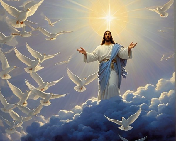 Religious Oil Painting of Jesus on a Cloud with Doves