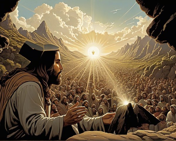 Jesus Figure Reaching Out to Devotees in Dramatic Landscape