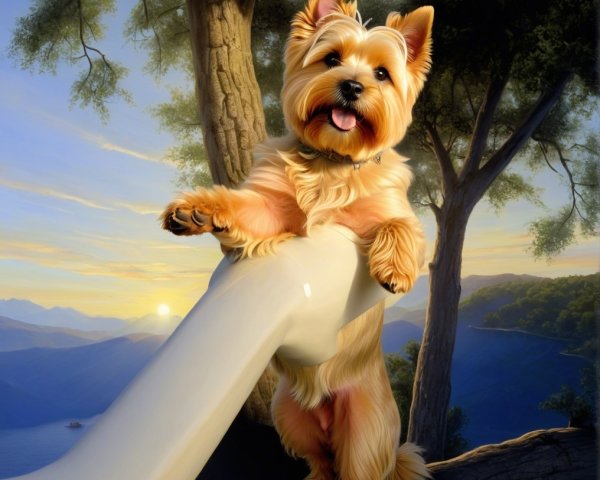 Yorkshire Terrier on Railing with Sunset Background