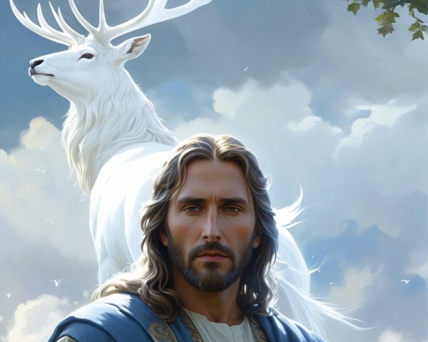 Majestic white stag with serene man in blue robe