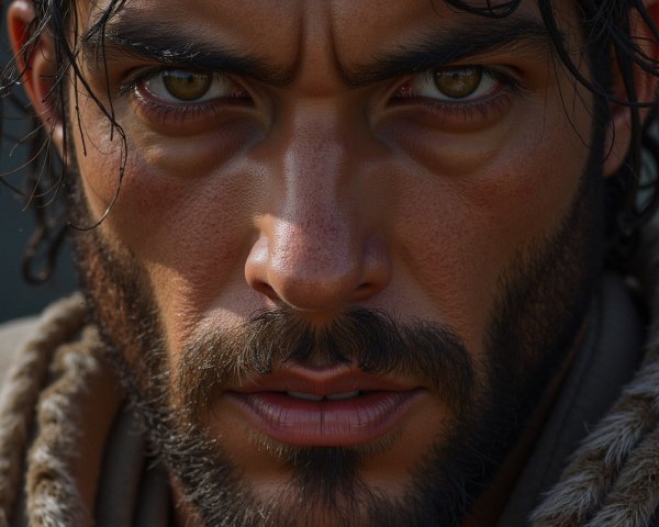 Close-up portrait of a rugged man with intense features