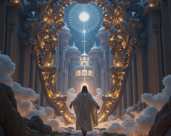 Ornate Archway Framing Celestial Scene and Palace