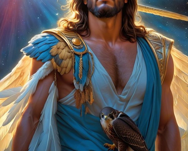 Majestic figure with wings and a falcon in blue robe