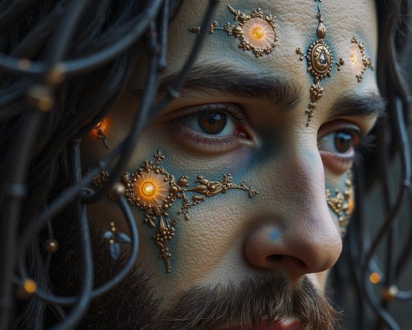 Close-Up Portrait with Metallic Facial Adornments