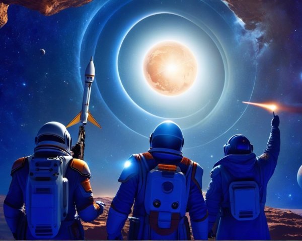 Astronauts in Rocky Cavern with Cosmic Background