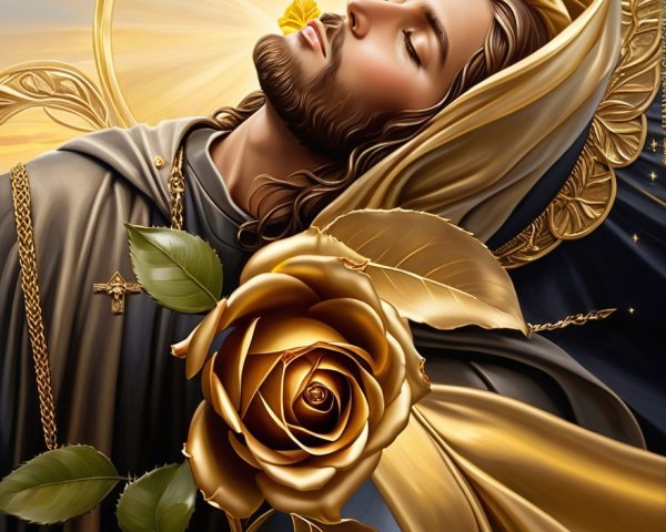 Serene Figure with Halo and Golden Rose in Artwork