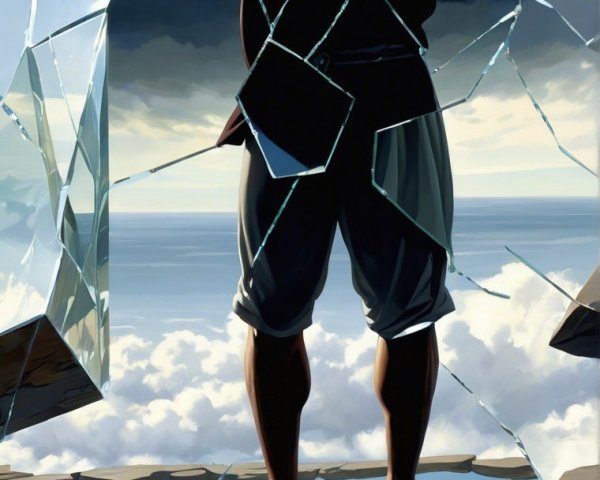Powerful Figure Among Shattered Glass and Dramatic Sky