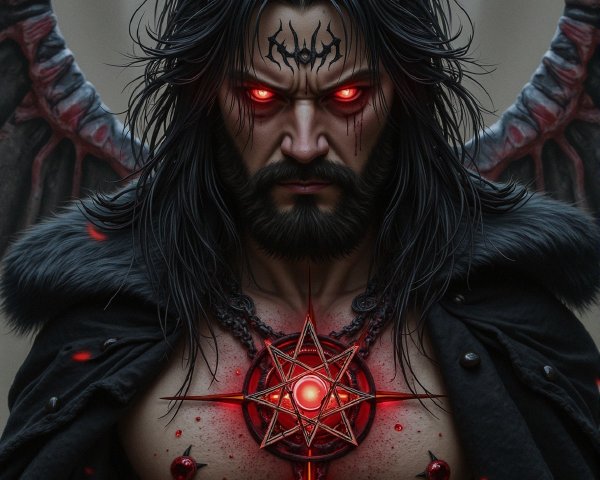 Dark Figure with Horns and Eerie Pentagram Design