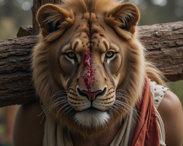 Human-Lion Hybrid with Majestic Mane and Red Mark