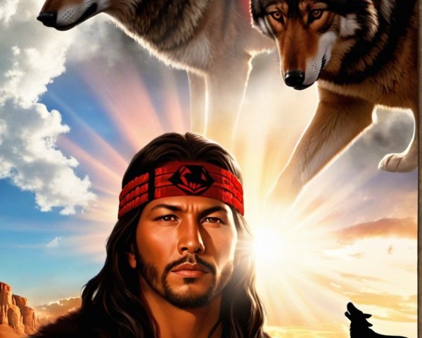 Man in Traditional Attire with Wolves at Sunrise