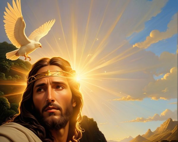 Serene landscape with sunrise and divine figure