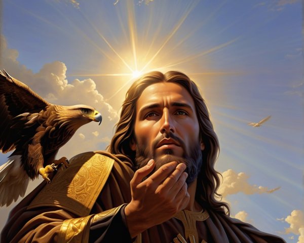 Serene figure in ornate robes with eagle and sun backdrop