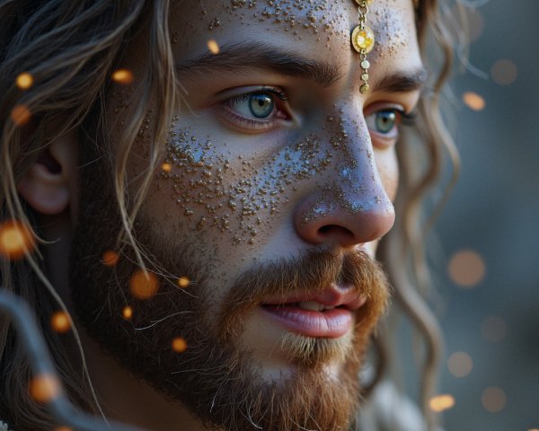 Young man with long hair and shimmering skin adornments