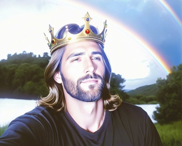 Man in Crown Surrounded by Rainbows and Nature