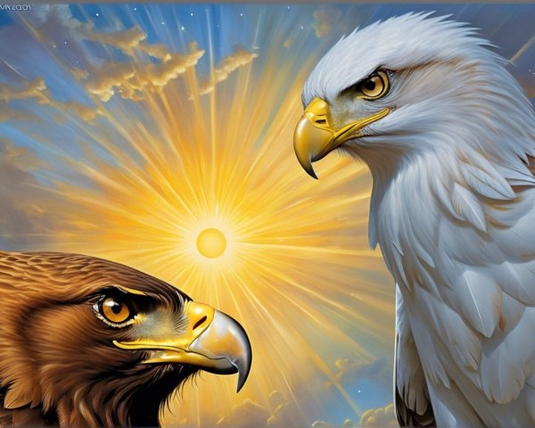 Eagles with contrasting plumage against a vibrant sky