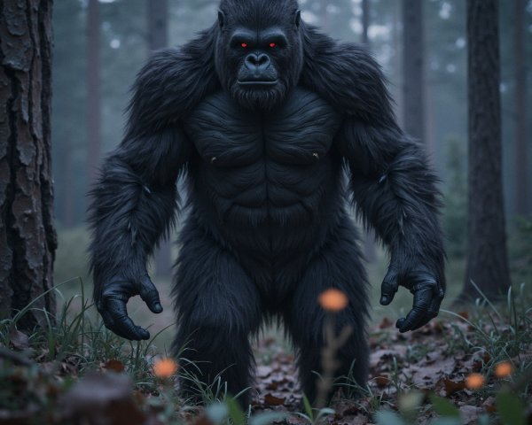 Mighty Gorilla in Misty Forest with Orange Flowers