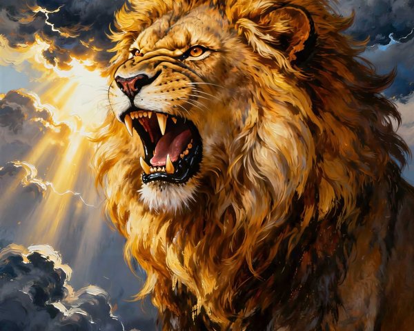 Lion Roaring Amidst a Dramatic Stormy Background