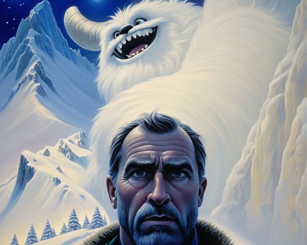 Rugged Man and Playful Yeti in Snowy Mountain Scene