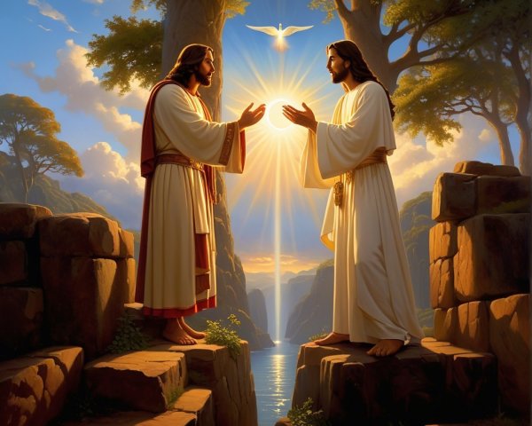 Figures Resembling Jesus in Serene Landscape Scene