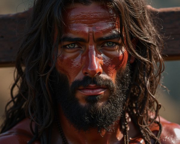 Close-Up of Man with Red Body Paint and Intense Gaze