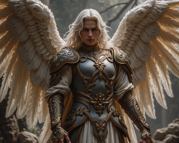 Majestic Angelic Figure in Serene Forest Setting