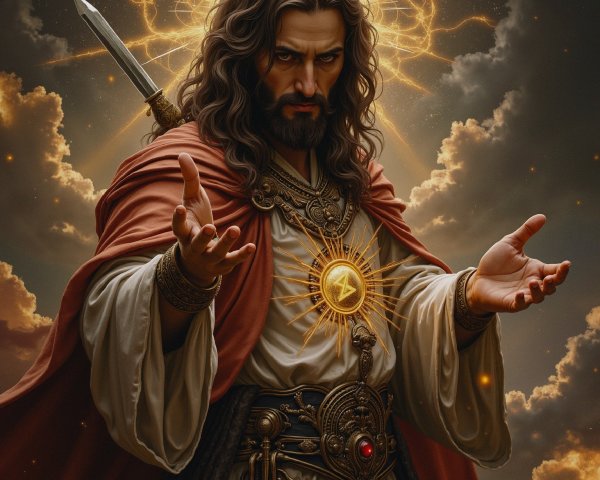 Powerful figure with flowing hair and ornate robes
