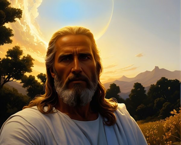 Serene Figure in White Robe in Sunlit Landscape