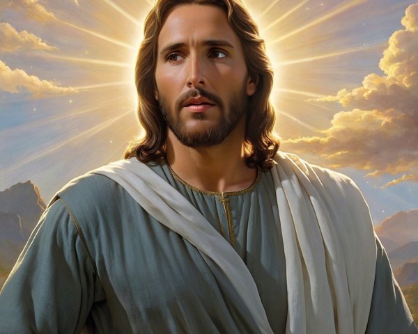 Serene figure in flowing robe against luminous backdrop