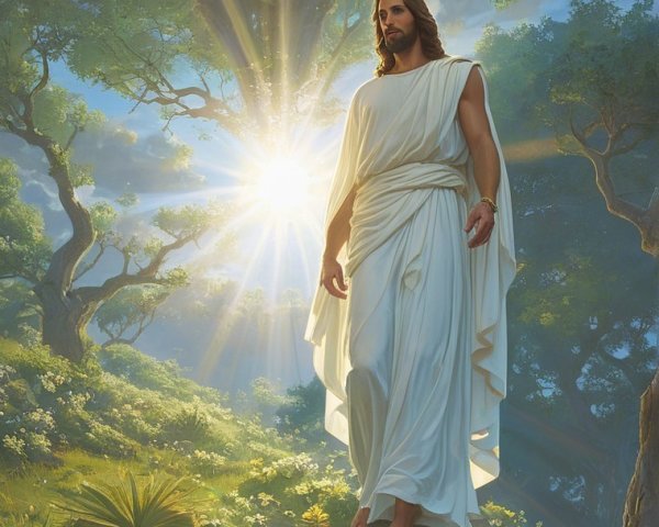Jesus Figure Walking in a Sunlit Forest Path