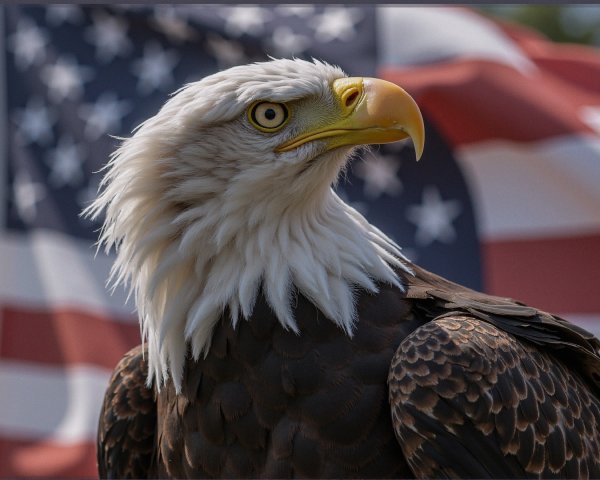 Bald Eagle with American Flag Background Symbolizing Freedom