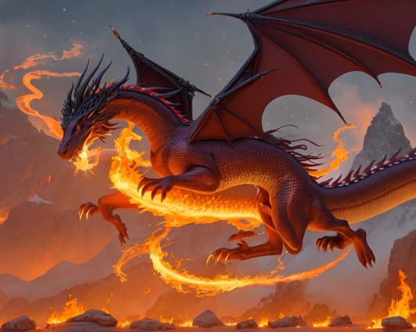 Majestic dragon in fiery landscape with rugged mountains