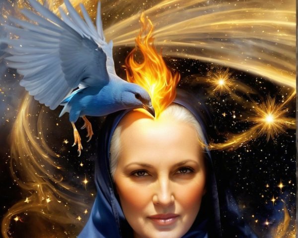 Mystical Woman with Silver Hair and Cosmic Elements