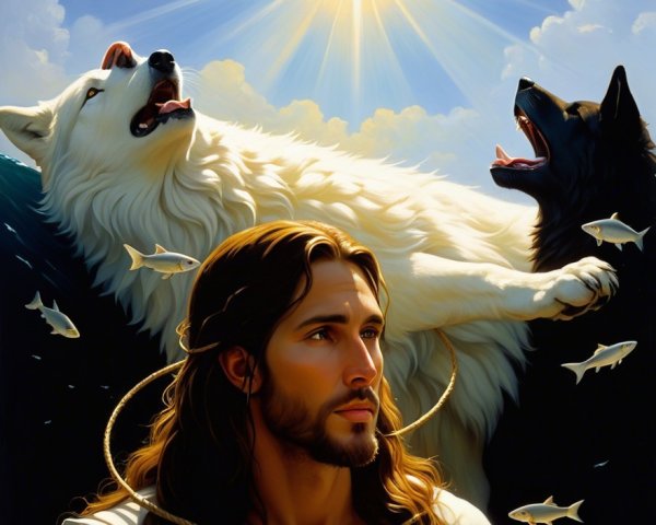 Serene Figure Surrounded by Nature and Wolves