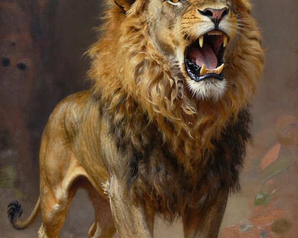 Full-body oil painting of a roaring lion in wilderness
