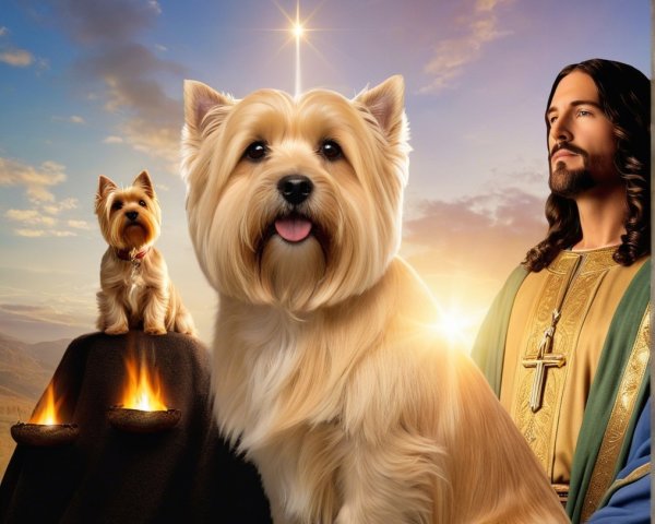 Golden-coated dog and serene landscape with light