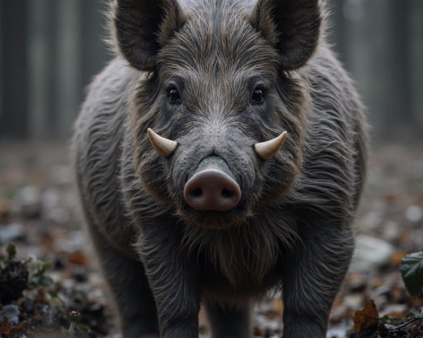 Close-up of a wild boar in a misty forest setting