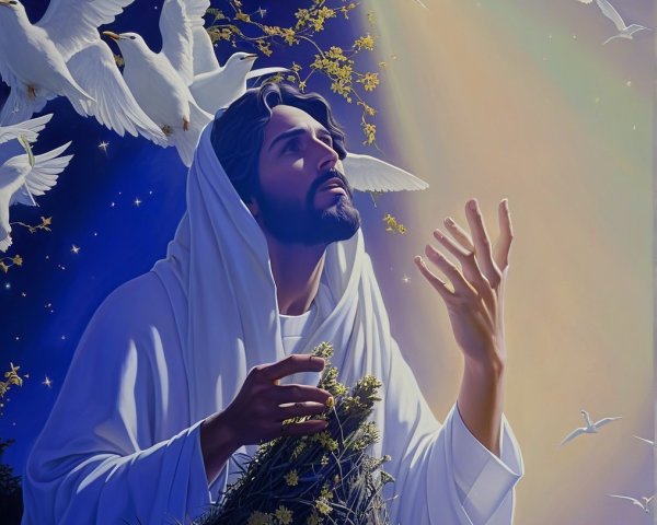 Serene Figure in White Surrounded by Doves and Flowers