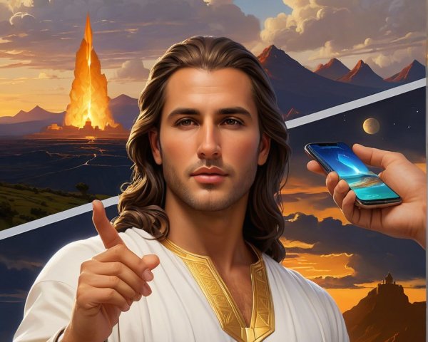 Serene Figure in White Robes with Mystical Tower Background
