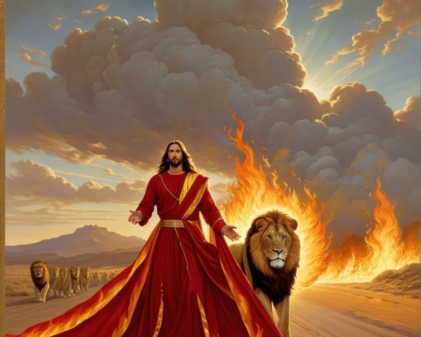 Majestic figure in red robes with lion and flames