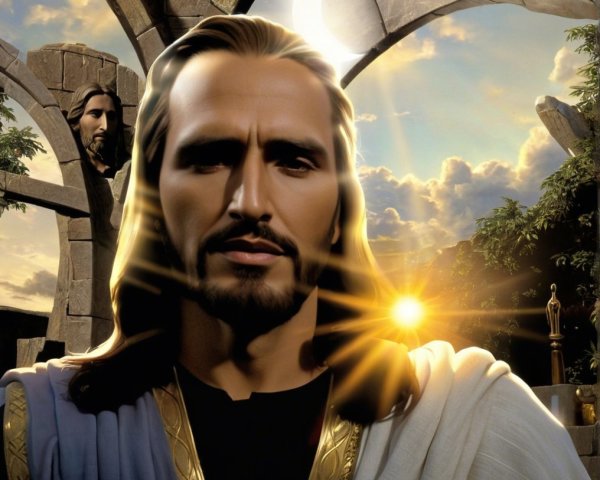 Serene Figure in White Robe Against Sunrise Background