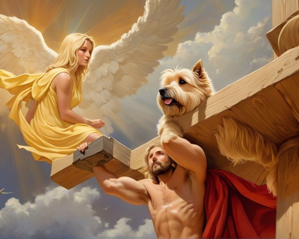 Dramatic scene with hero, angel, and playful dogs