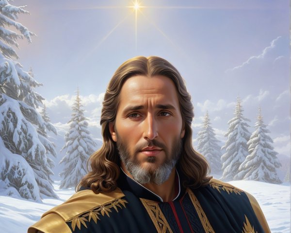 Serene Figure in Winter Landscape with Snowy Trees