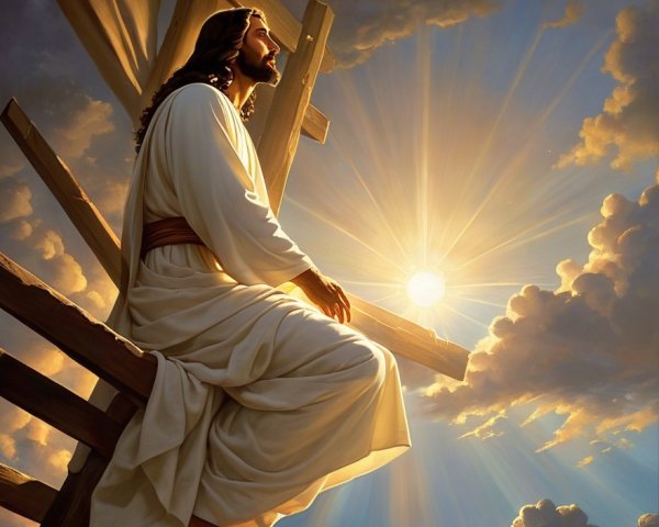 Serene figure in white robes under soft sunlight