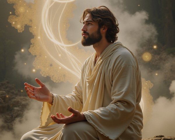 Contemplative Figure in Ethereal Light and Mist