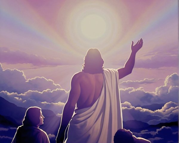 Serene Scene with Radiant Light and Figures in Awe