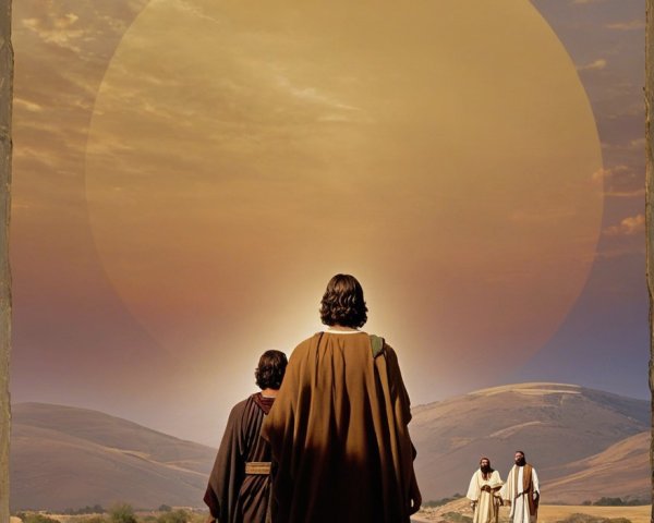 Figures in Traditional Robes Walking at Sunset Landscape