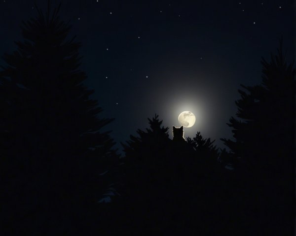 Nighttime Forest Scene with Moon and Silhouetted Animal
