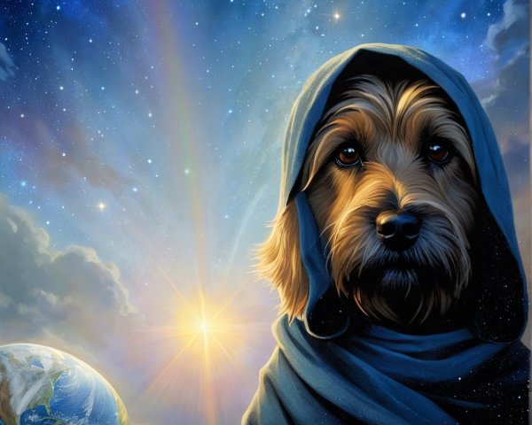 Wise Dog in Hood Gazing at Celestial Scene
